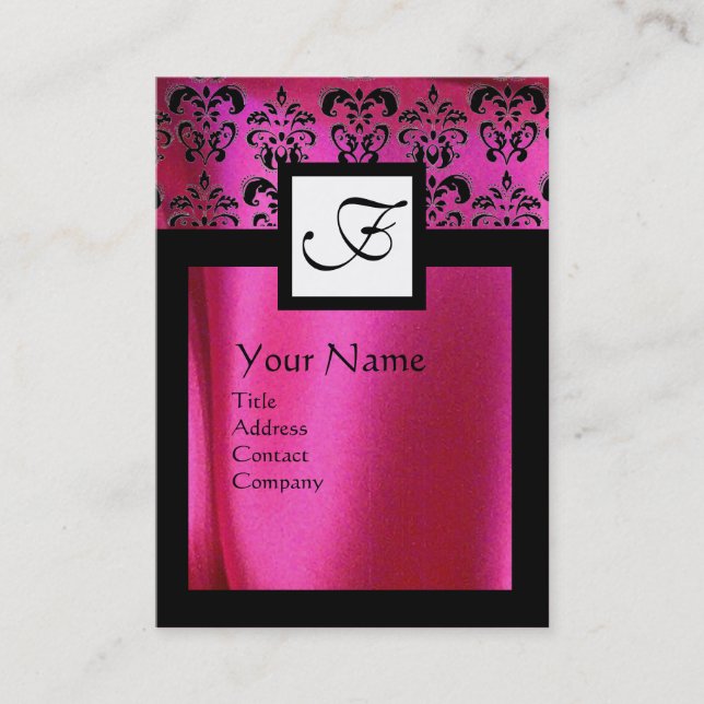 ROSA FUCHSIA SILKE DAMASK TRASA, SQUARE MONOGRAM VISITKORT (Framsida)