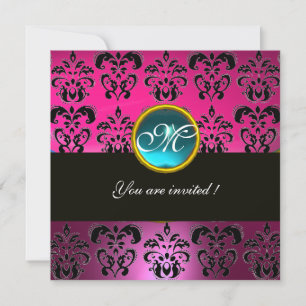 ROSA FUCHSIA SVART DAMAST MONOGRAM,blå akvamarin Inbjudningar