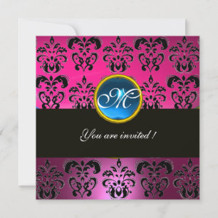 ROSA FUCHSIA SVART DAMAST MONOGRAM, blå safir Inbjudningar