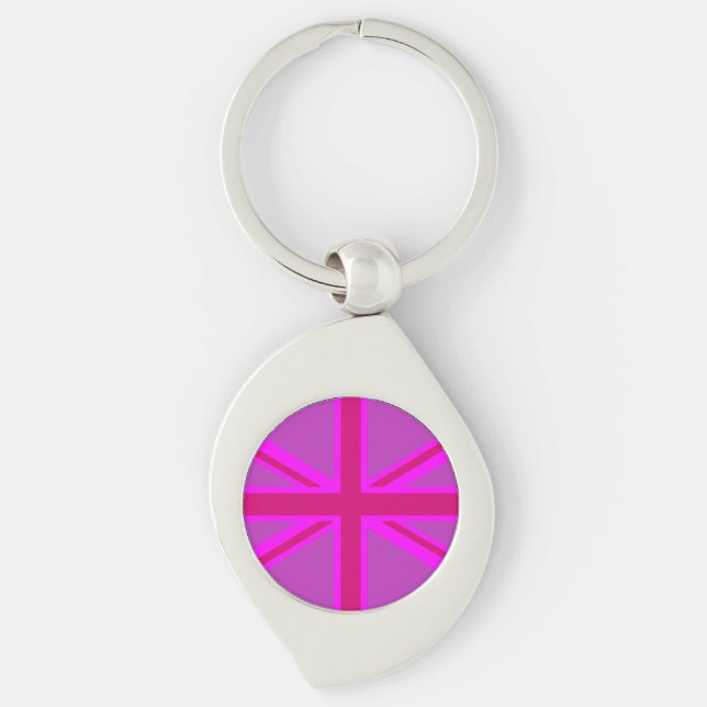 Rosa fuchsia Union Jack-flaggdesign Swirl Silverfärgad Nyckelring (Framsidan)