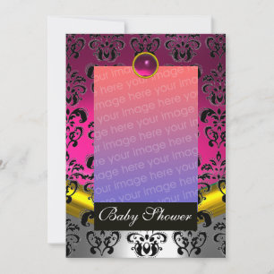 Rosa fuchsia vit damask barnrumsfirande monogram inbjudningar