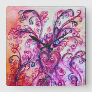 ROSA FUCHSIA WHIMSICAL FLOURISHES with HEART Fyrkantig Klocka