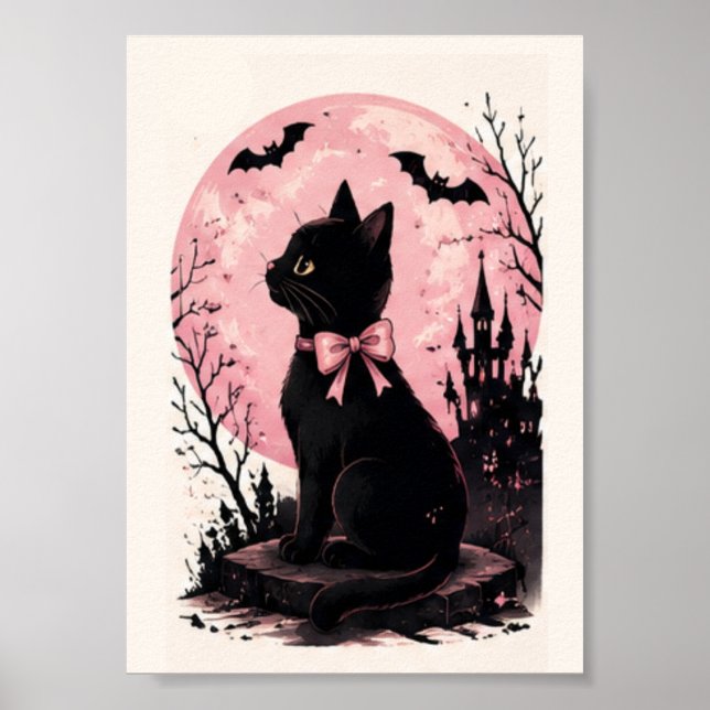 Rosa Fullmåne Slott Svart Katt Poster (Framsidan)