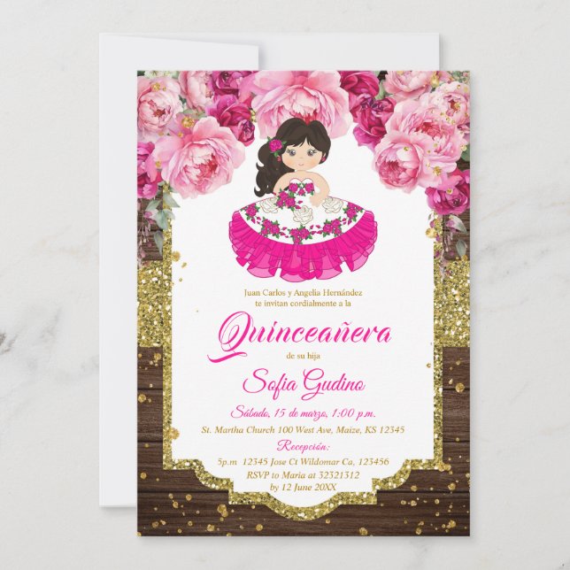 Rosa Fuschia Cute Girl Quinceañera Rustic Wood Inbjudningar (Framsida)