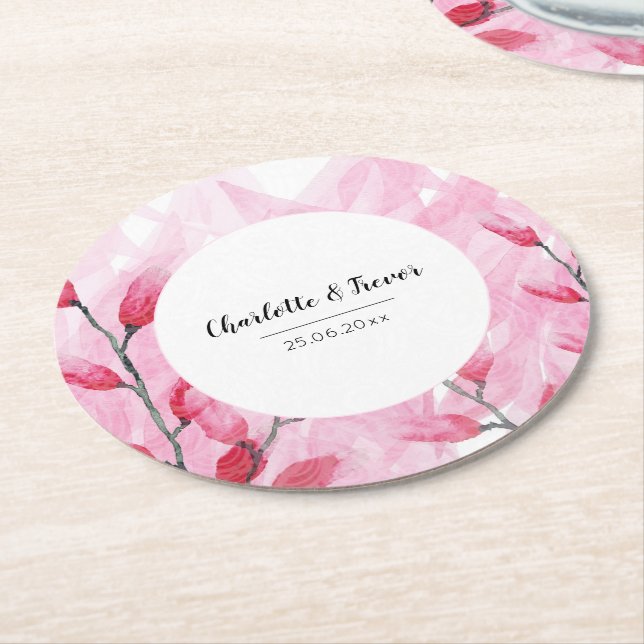 Rosa fusion vattenfärg monogram underlägg papper rund (Vinklad)