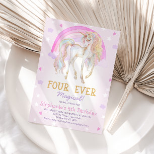 Rosa Fyra någonsin Magic Unicorn 4e födelsedagen Inbjudningar