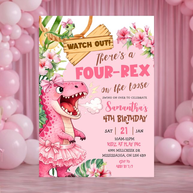 Rosa fyra Rex på lösa fyraårsdag Inbjudningar (Skapare uppladdad)