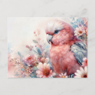 Rosa Galah-Kakaduja Blommig Akvarell Vykort