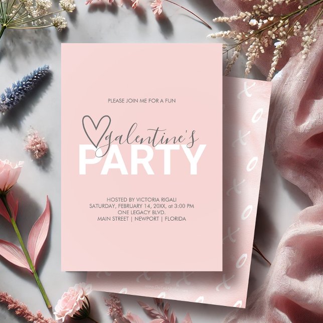  Rosa Galantine Modern Födelsedagsfest Inbjudan (Galentines party invitations in pink by Victoria Grigaliunas of Do Tell A Belle)