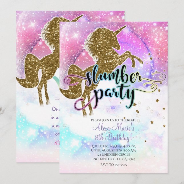 Rosa Galax Magisk Enhörning Glitter Pyjamasparty Inbjudningar (Fram/baksida)