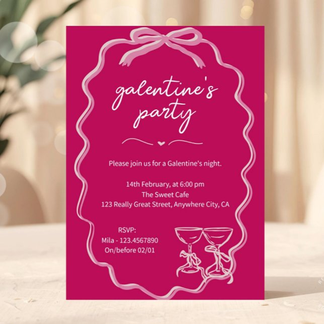 Rosa Galentines Girls Night Valentines inbjudan (Pink Galentine Party Invitation Whilsical Hand Drawn Invite)
