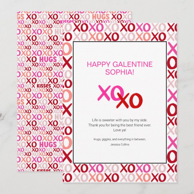Rosa Galentins XOXO Modern Bästa vän Namn Julkort (Fram/baksida)
