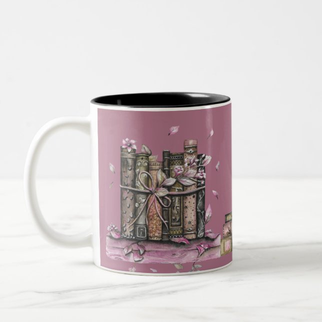 Rosa Gamla Bok Bibliotek-blommor Två-Tonad Mugg (Vänster)