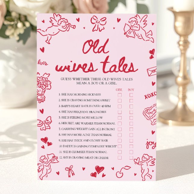 Rosa gamla fruar-sagor baby shower-spel inbjudningar (Pink Valentine Old Wives Tales Baby Shower Game)