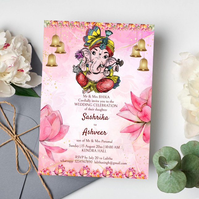 Rosa Ganesha lotus Indian bröllop template Inbjudningar (Cute Ganesha pink lotus Indian wedding template invitation instant download)