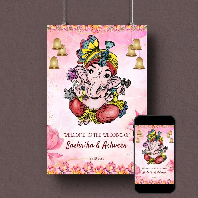 Rosa Ganesha lotus Indian bröllop välkomstskylt Poster (Ganesha pink Indian wedding welcome sign poster template pink lotus flowers gold bells)