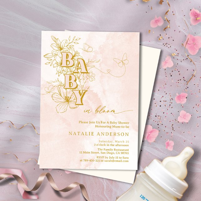 Rosa Garden Blommigt Butterflies Baby i Bloom Inbjudningar (Pink Garden Floral Butterflies Baby in Bloom Invitation )