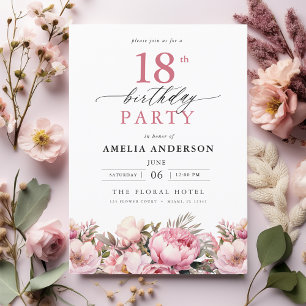 Rosa Garden Blommigt Calligraphy 18 Birthday Inbjudningar