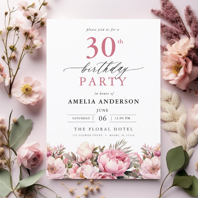 Rosa Garden Blommigt Calligraphy 30års födelsedag Inbjudningar (Skapare uppladdad)