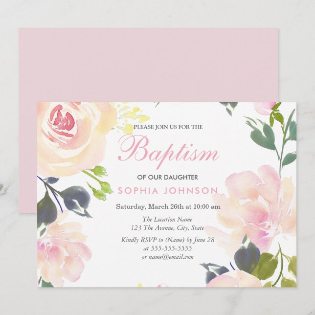 Rosa Garden Blommigt Girls Baptism Christening Inbjudningar (Fram/baksida)