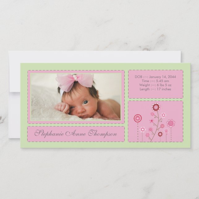 Rosa Garden Flicka Birth Announcement PhotoCard Meddelande (Framsida)