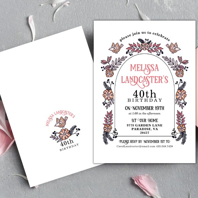 Rosa Garden Flower Arch 40:e födelsedagen Inbjudningar (Elegant Pink Floral Garden Arch Birthday Invitation)