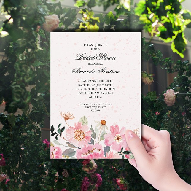 Rosa Garden Flowers Möhippa Inbjudningar (Watercolor pink garden flowers bridal shower invitations)