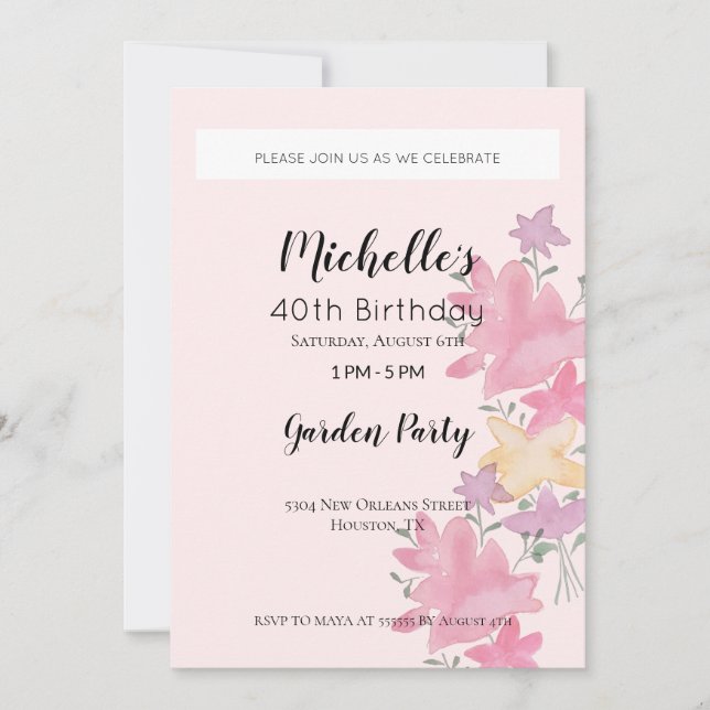 Rosa Garden Födelsedagsfest Watercolor Blommigt Inbjudningar (Framsida)