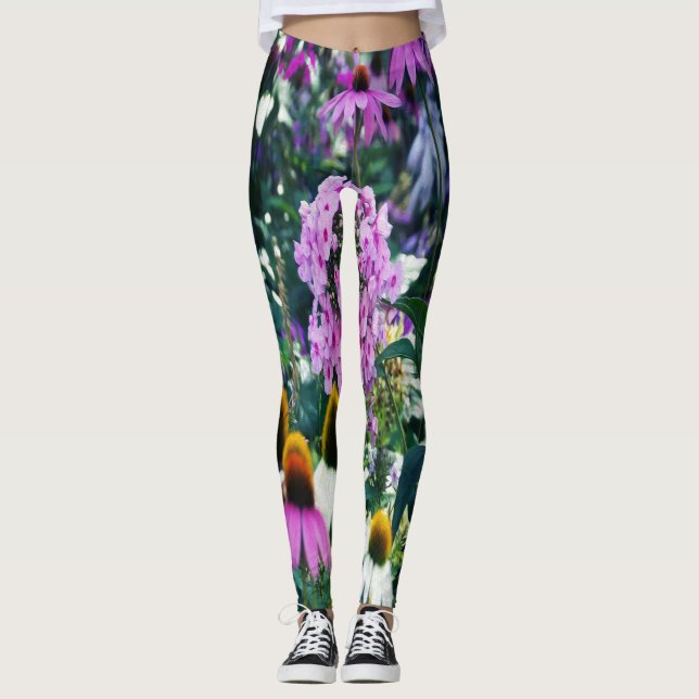 Rosa Garden Phlox liggande med Cone Flowers Leggings (Framsida)