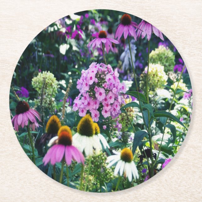Rosa Garden Phlox liggande med Cone Flowers Underlägg Papper Rund (Framsidan)