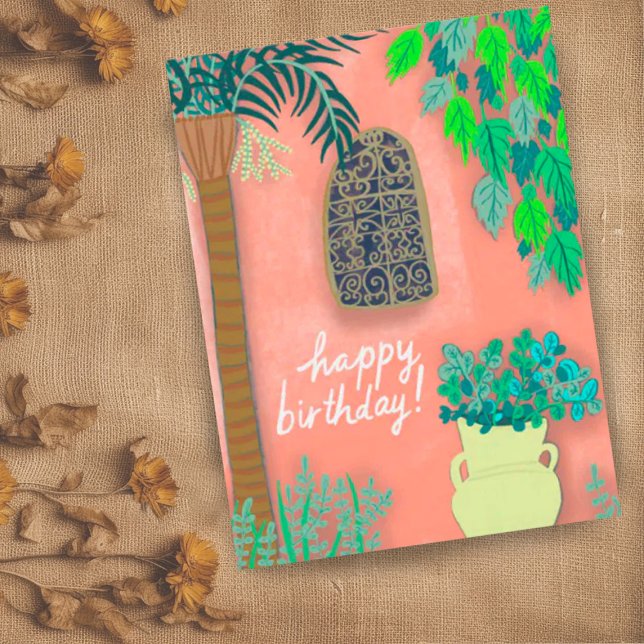 Rosa Garden Wall Exotic Handflatan Träd GRATTIS PÅ Vykort (Cute garden wall happy birthday custom postcard)