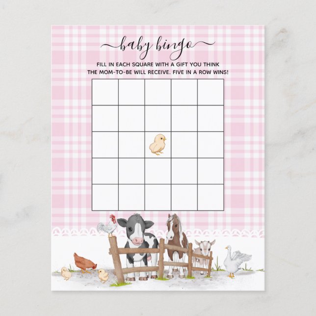 Rosa gårdsdjur Baby Shower Bingo-spel (Framsida)