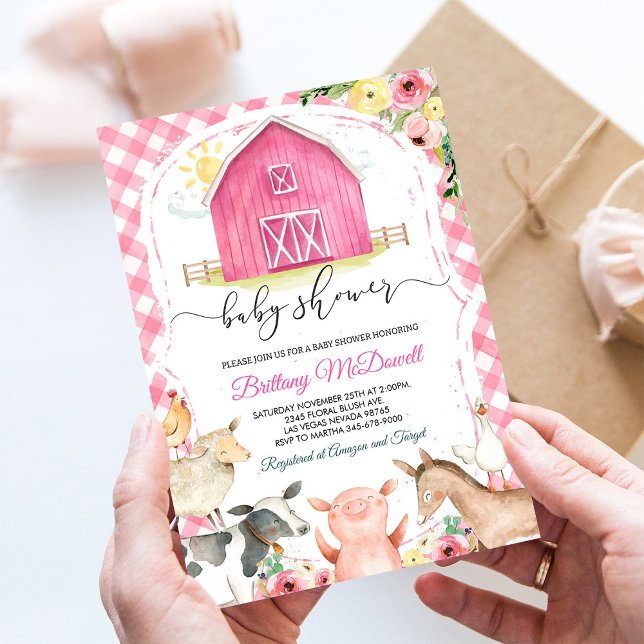 Rosa gårdsdjur flicka baby shower-inbjudan inbjudningar (Skapare uppladdad)