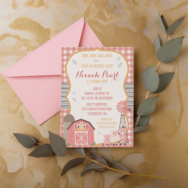 Rosa gårdsdjur födelsedagsinbjudan inbjudningar (Skapare uppladdad)