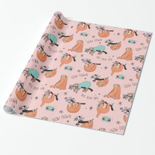 Rosa gåvapapper för gulliga lata Sloths Presentpapper