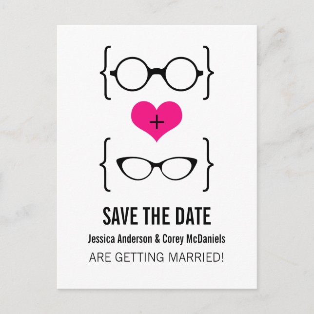 Rosa geekiga glasögon Save the Date vykort (Framsida)