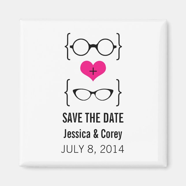 Rosa Geeky Glasses Spara datum magneter (Framsidan)