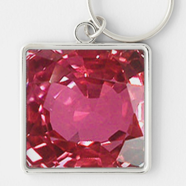 Rosa Gemstone Keychain Fyrkantig Silverfärgad Nyckelring (Framsidan)