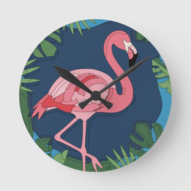 Rosa Geo Flamingo med Namn Rund Klocka (Framsida)