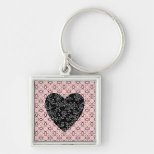 Rosa Geometric-Black Flake Snöre Hjärtnyckelring Fyrkantig Silverfärgad Nyckelring