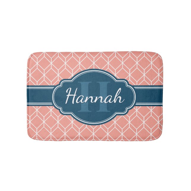 Rosa Geometric Diamond Mönster Blue Monogram Badrumsmatta (Framsidan)