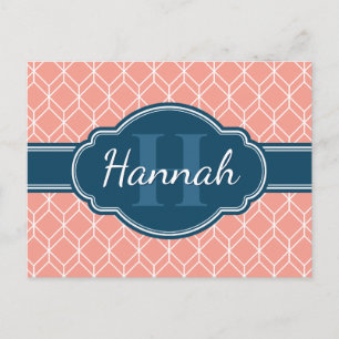 Rosa Geometric Diamond Mönster Blue Monogram Vykort
