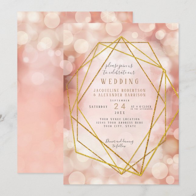  Rosa Geometric Guld Glitter Twinkle Ljus Inbjudningar (Fram/baksida)