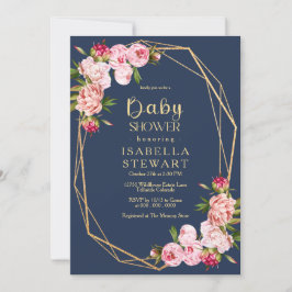Rosa Geometric Royal Blue Navy Baby Shower Inbjudningar