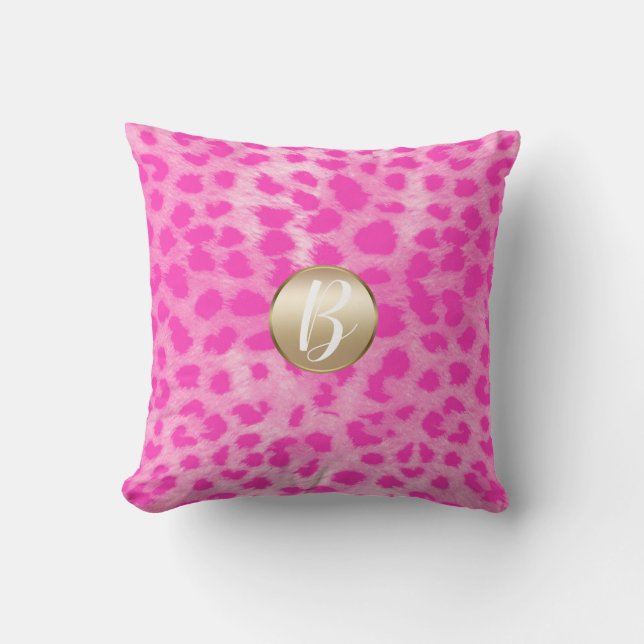 Rosa Gepard Leopardtryck Monogram Guld Glitter Kudde (Framsida)