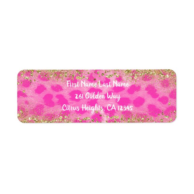 Rosa Gepard Leoprint Guld Glitter Trendig Returadress Etikett (Framsidan)