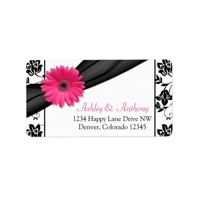 Rosa Gerber Daisy Black Damask Wedding Adress Adressetikett (Framsidan)