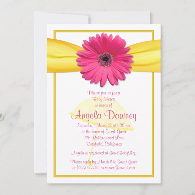 Rosa Gerber Daisy Gult Ribbon Baby Shower Inbjudan (Framsida)
