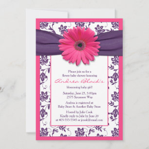 Rosa Gerber Daisy Lila Blommigt Ribbon Baby Shower Inbjudningar