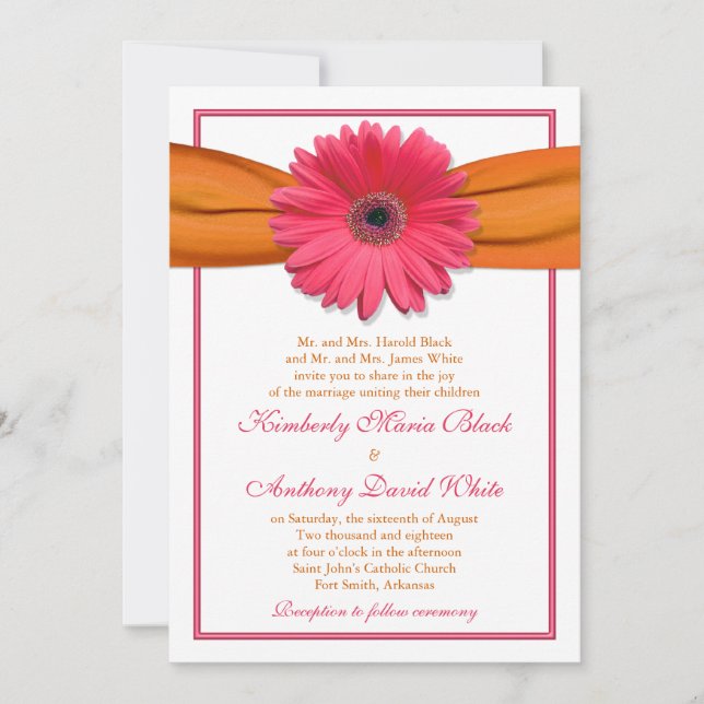 Rosa Gerber Daisy Orange Ribbon Wedding bjudande i Inbjudningar (Framsida)